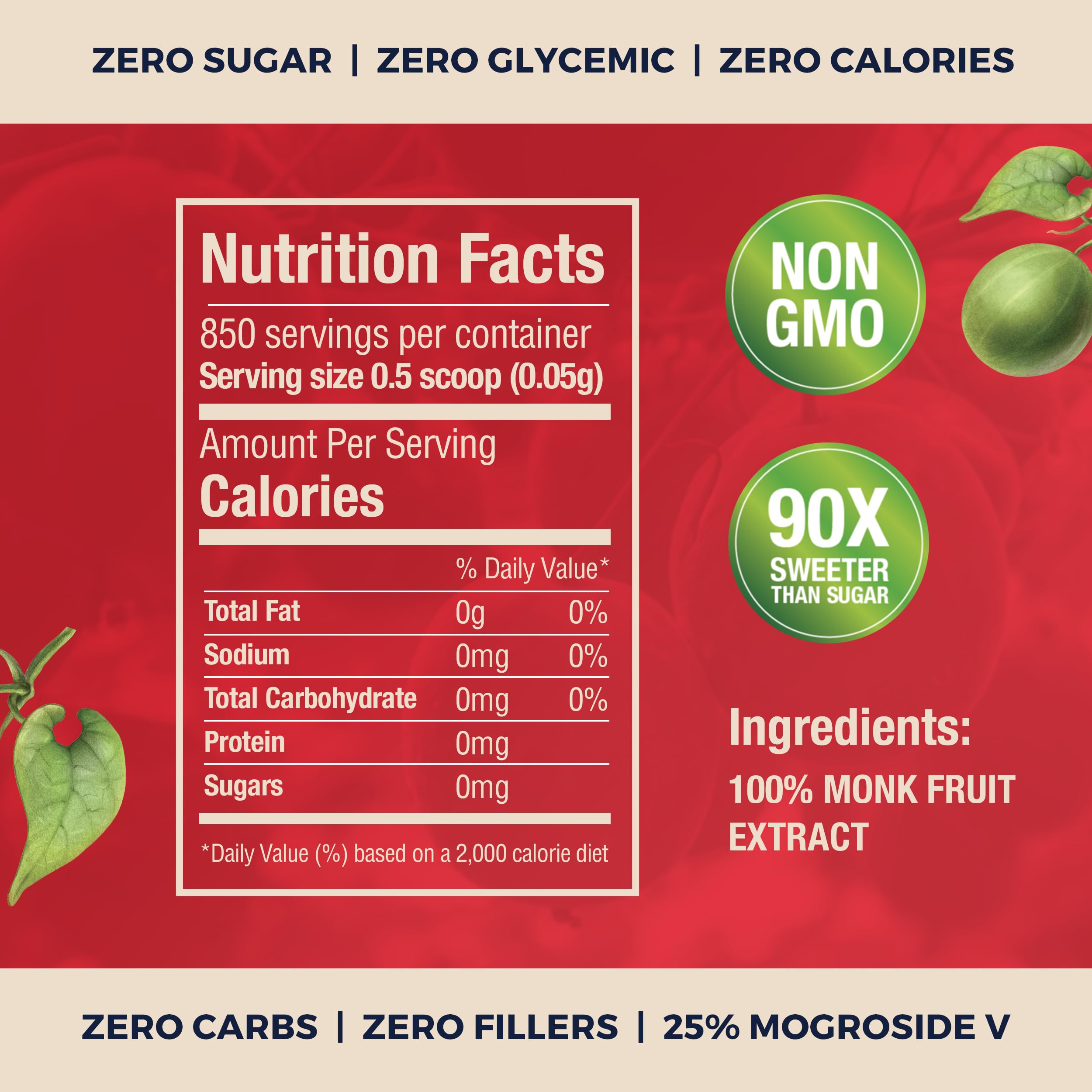Transparency Foods monk fruit extract label highlights 850 servings and zero glycemic impact
