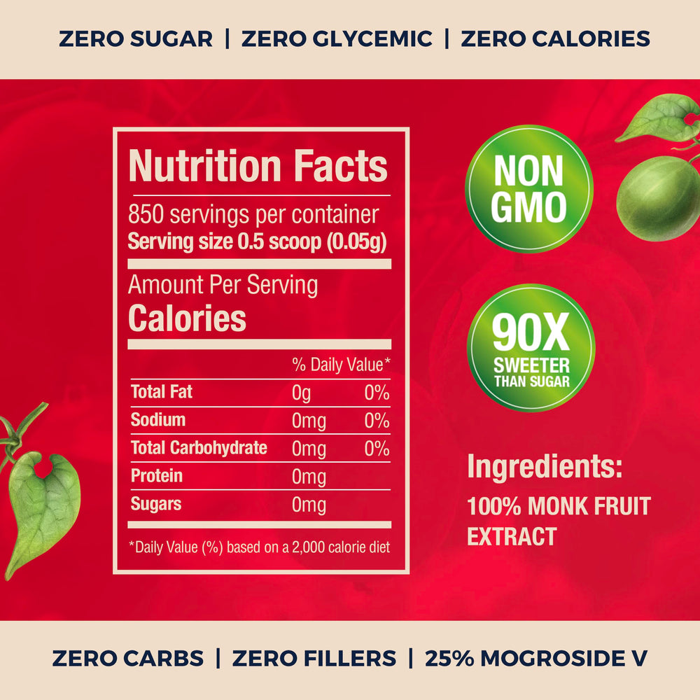 Transparency Foods monk fruit extract label highlights 850 servings and zero glycemic impact