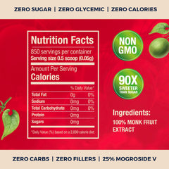 Transparency Foods monk fruit extract label highlights 850 servings and zero glycemic impact