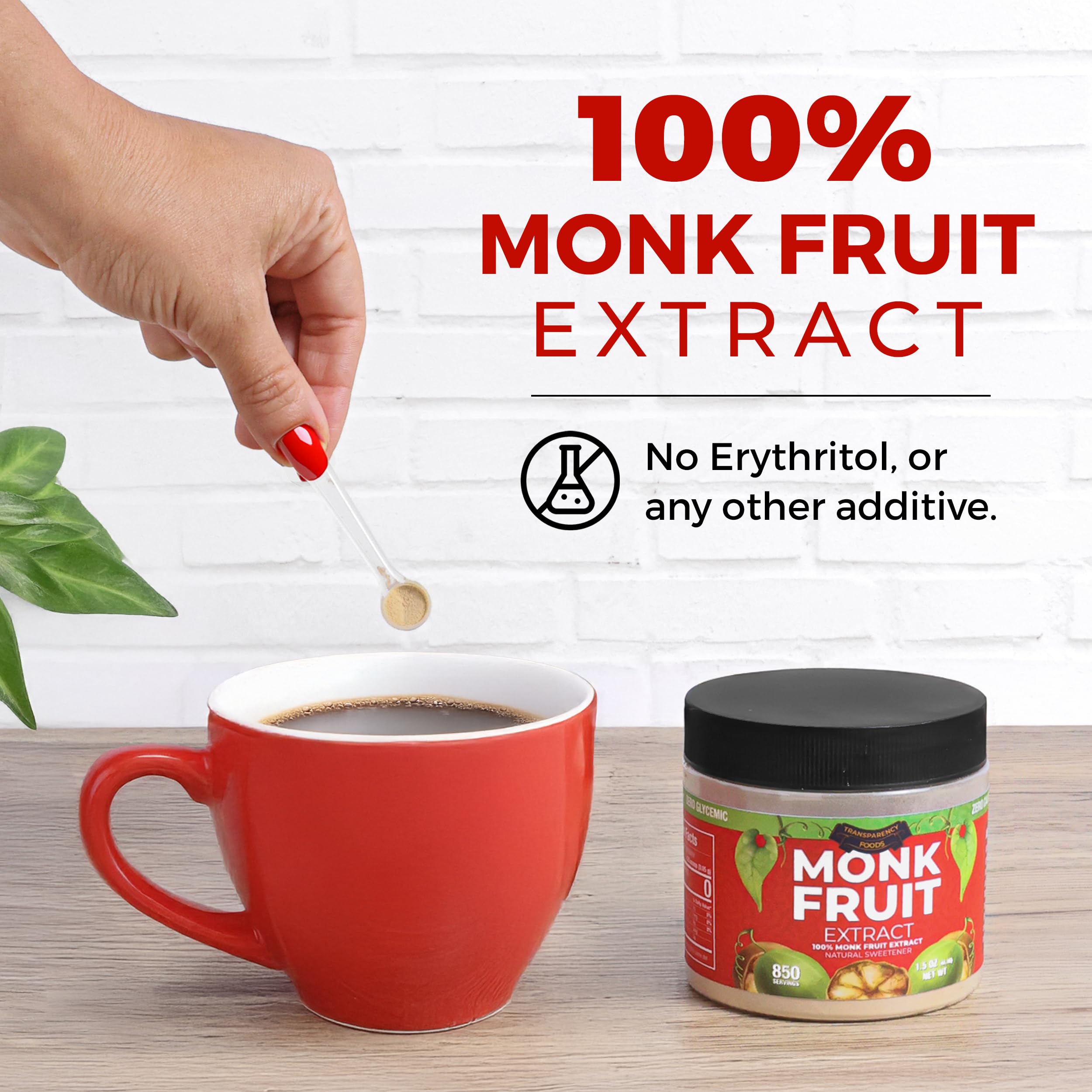Transparency Foods monk fruit extract scoop demonstrates measured sweetness for coffee