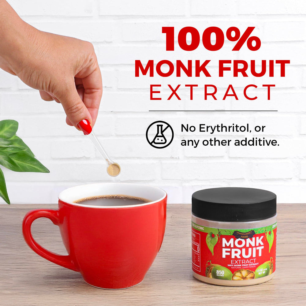 Transparency Foods monk fruit extract scoop demonstrates measured sweetness for coffee