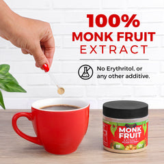 Transparency Foods monk fruit extract scoop demonstrates measured sweetness for coffee