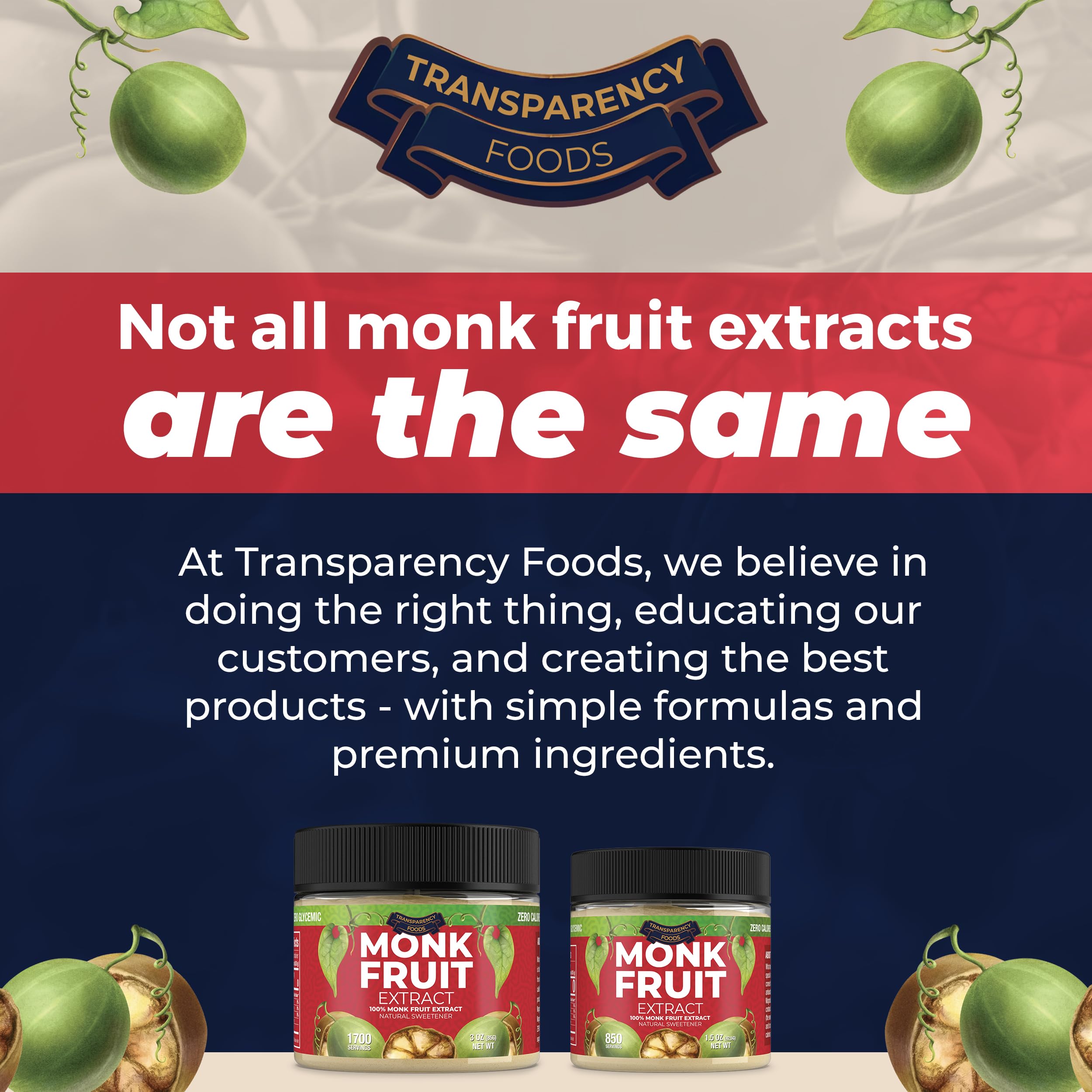 Transparency Foods monk fruit extract shelf display highlights premium quality