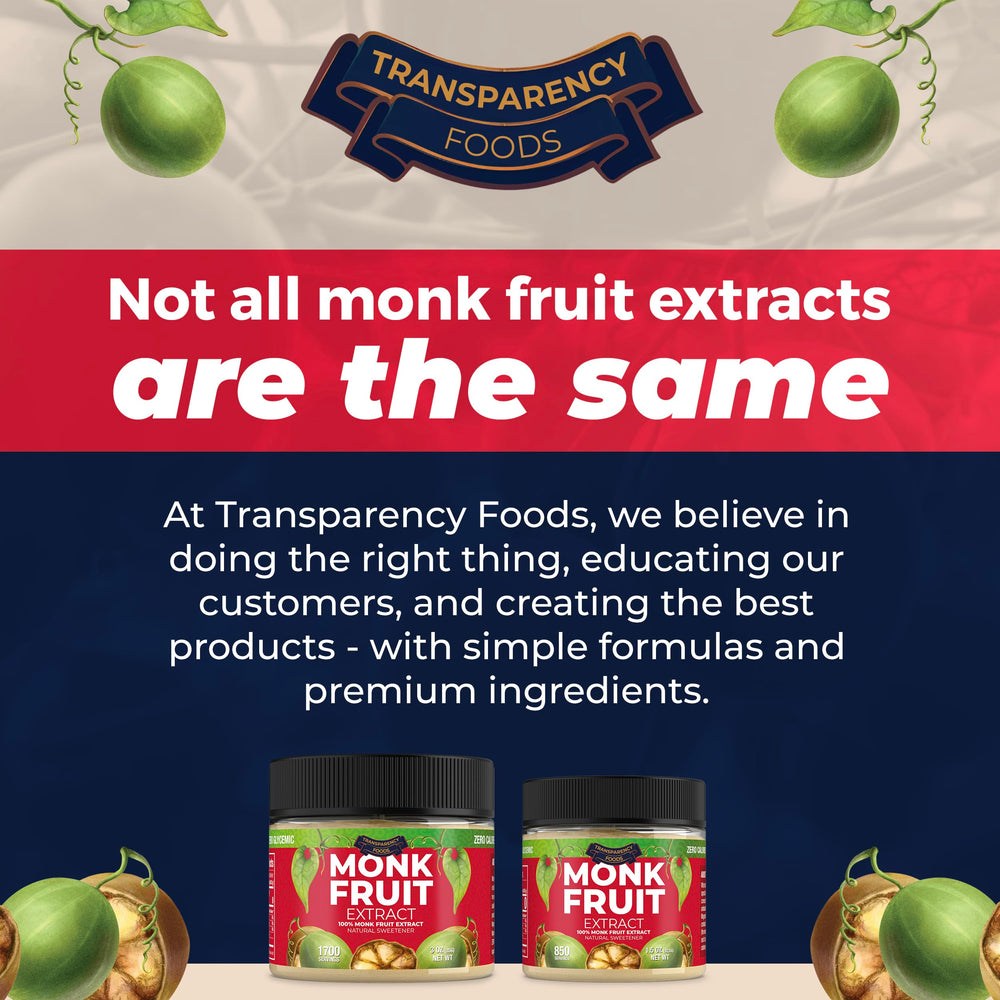 Transparency Foods monk fruit extract shelf display highlights premium quality