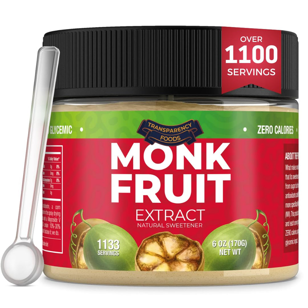 Transparency Foods monk fruit sweetener bottle front showing zero calories