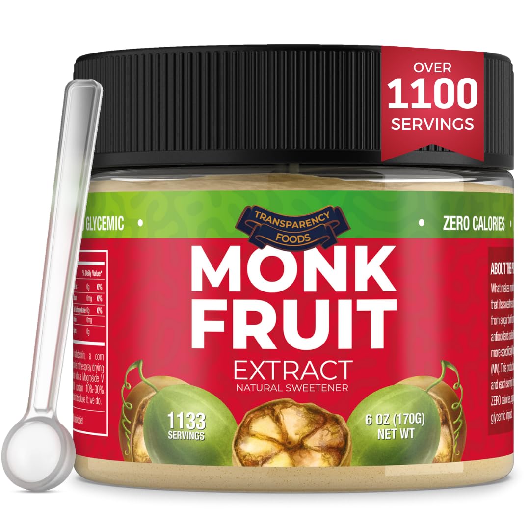 Transparency Foods monk fruit sweetener bottle front showing zero calories