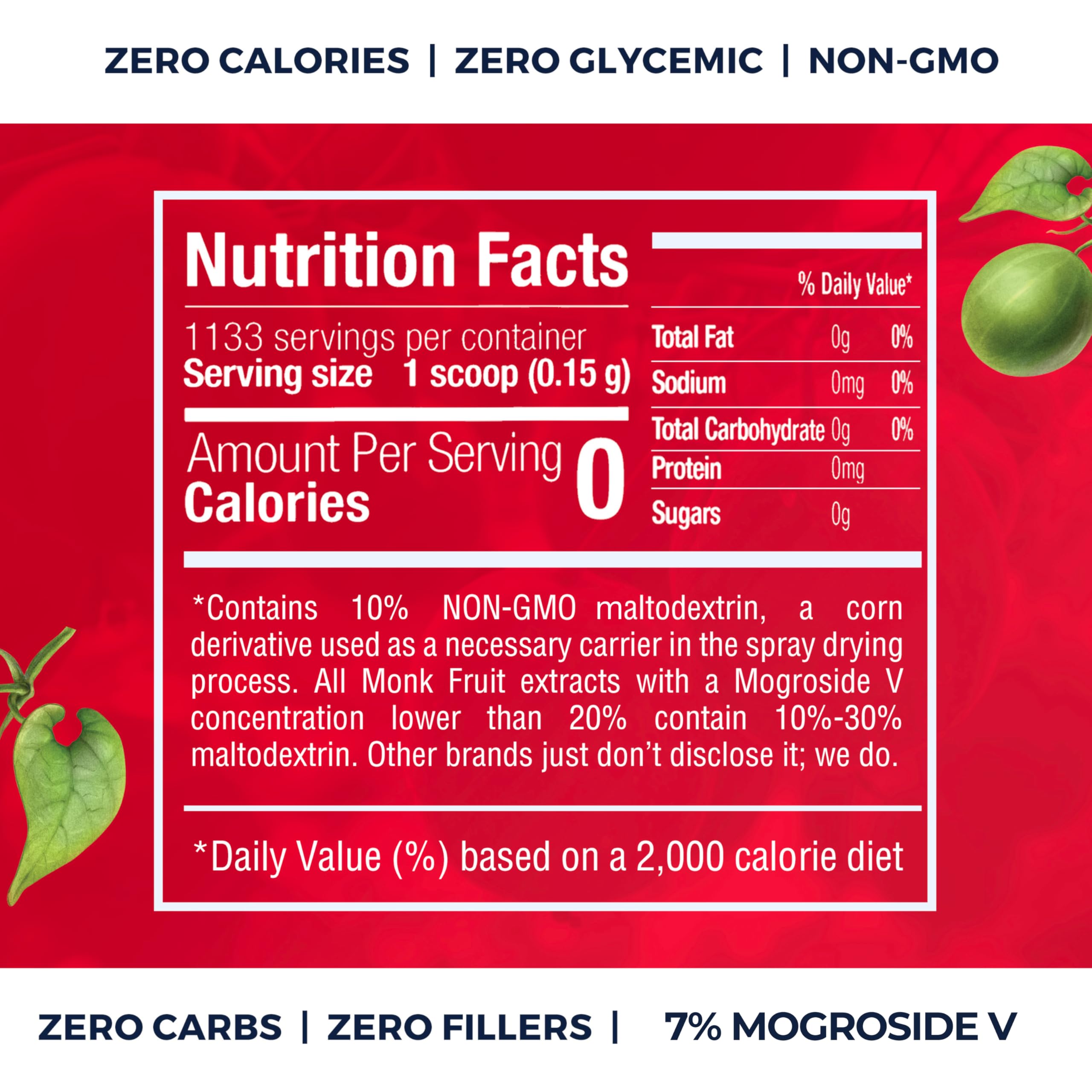Transparency Foods monk fruit sweetener label close-up with mogroside V info