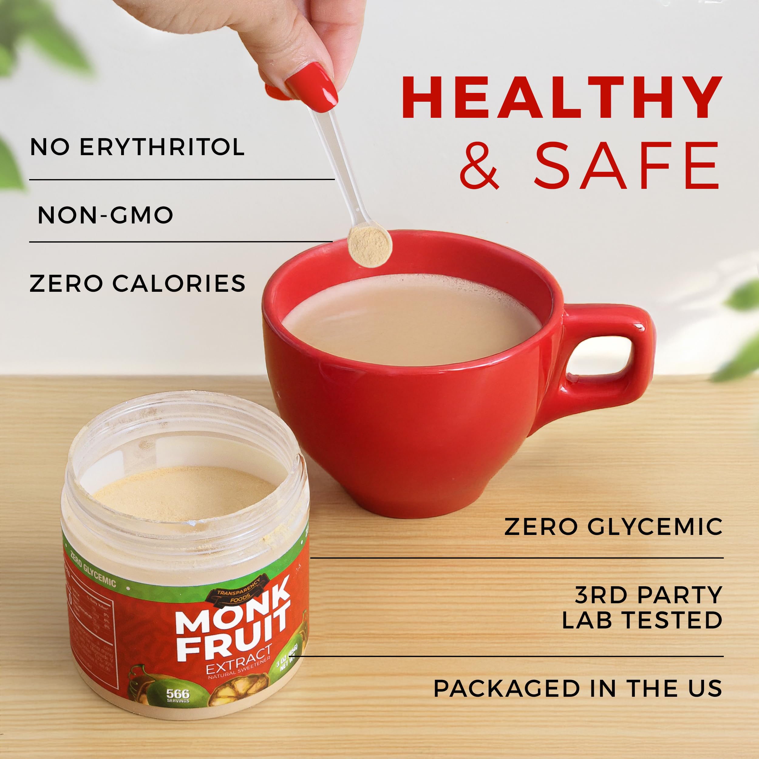 Measuring scoop of Transparency Foods monk fruit sweetener shows a 0.15 g serving