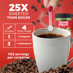 Pouring Transparency Foods monk fruit sweetener into coffee for flavor