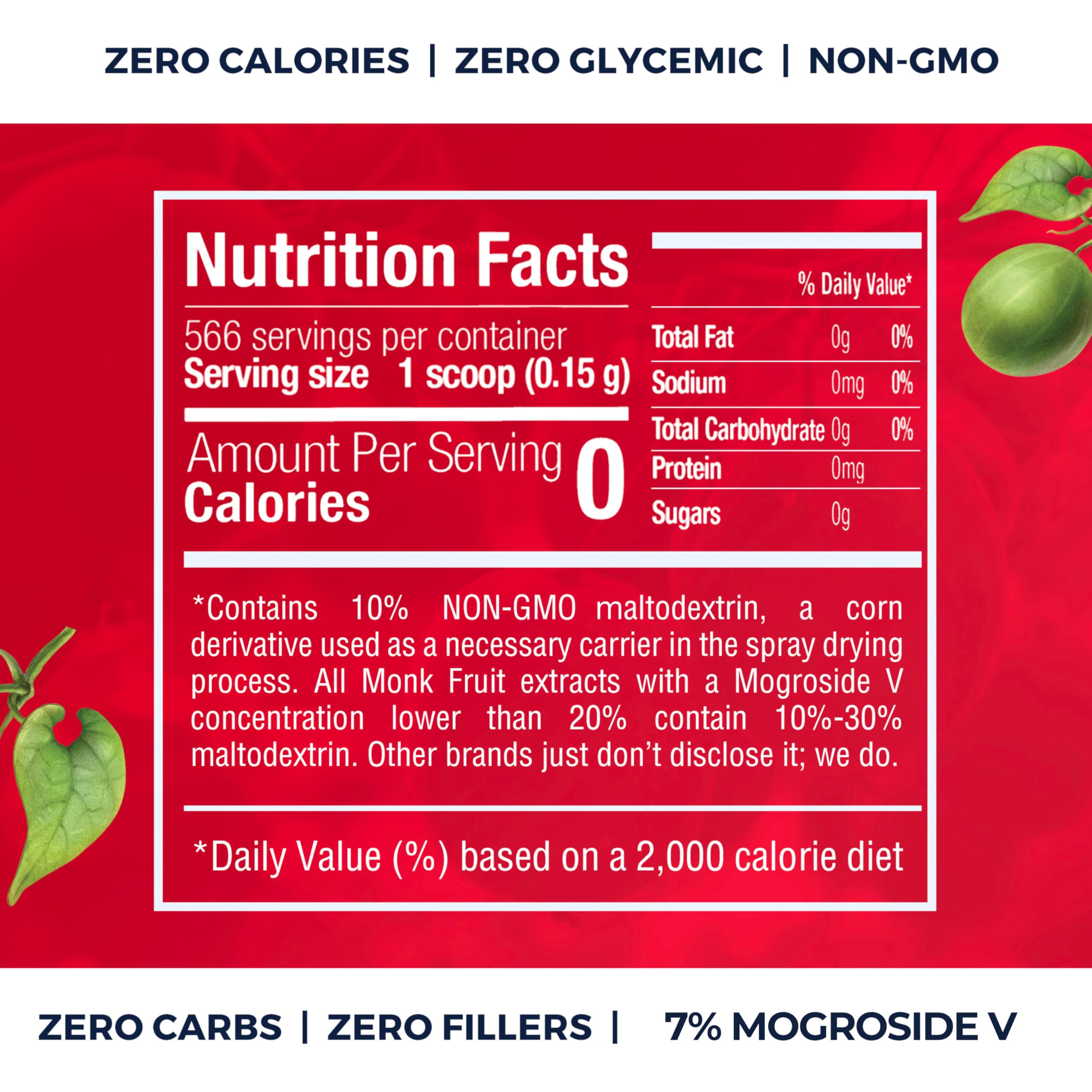 Transparency Foods monk fruit sweetener scoop delivers 0.15 g per serving for sugar-like sweetness