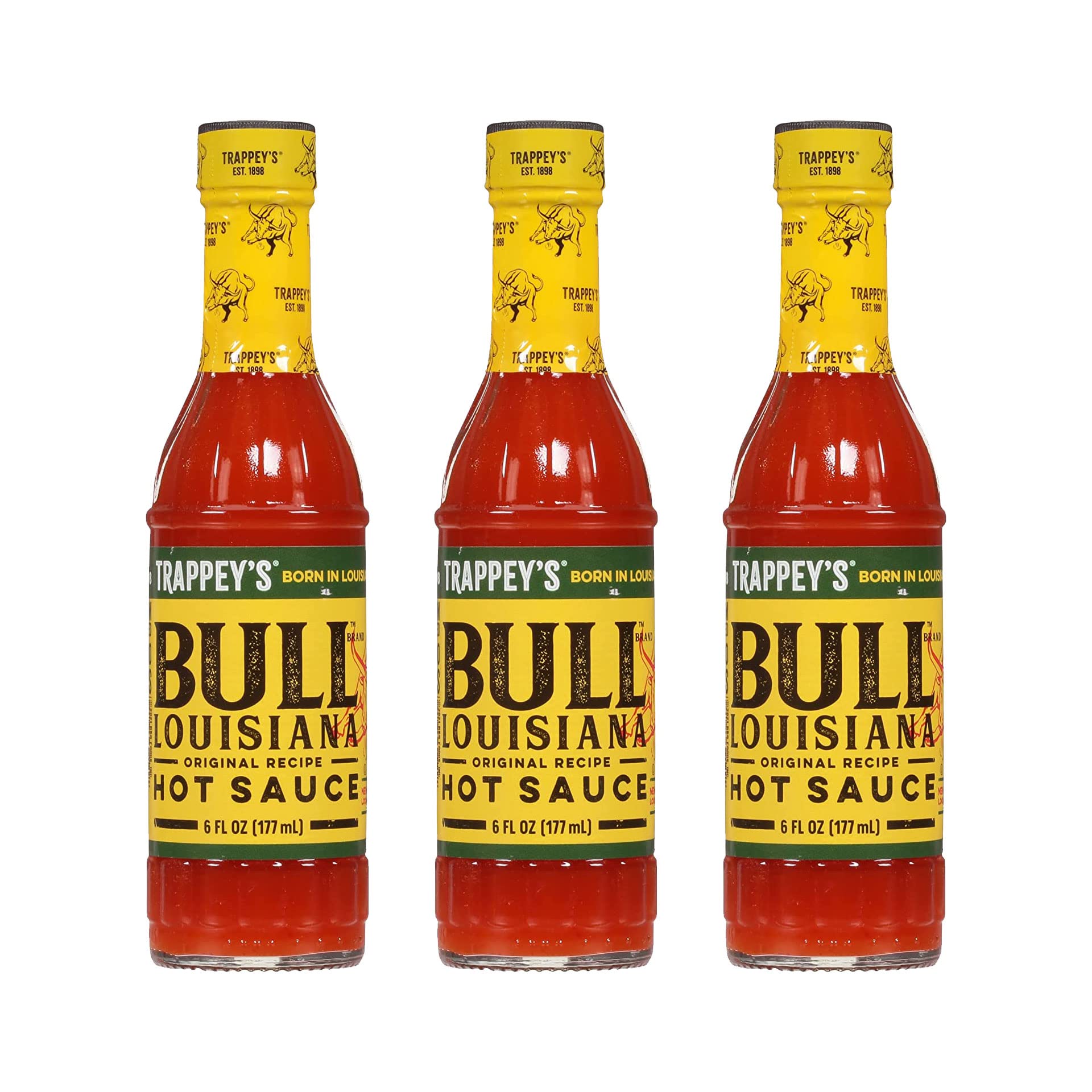 Trappey's Bull Brand hot sauce bottle side view for eggs and breakfast.