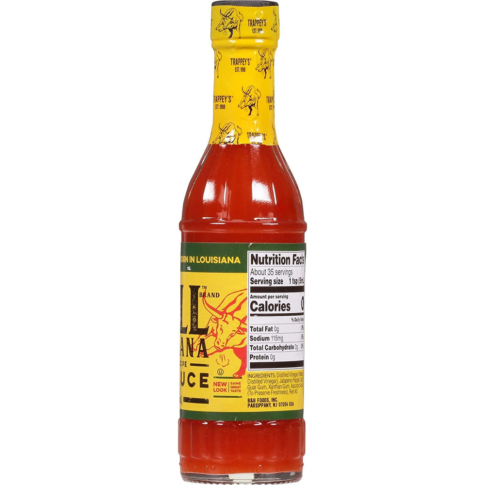 Trappey's Bull Brand hot sauce on plate with meal pairing.