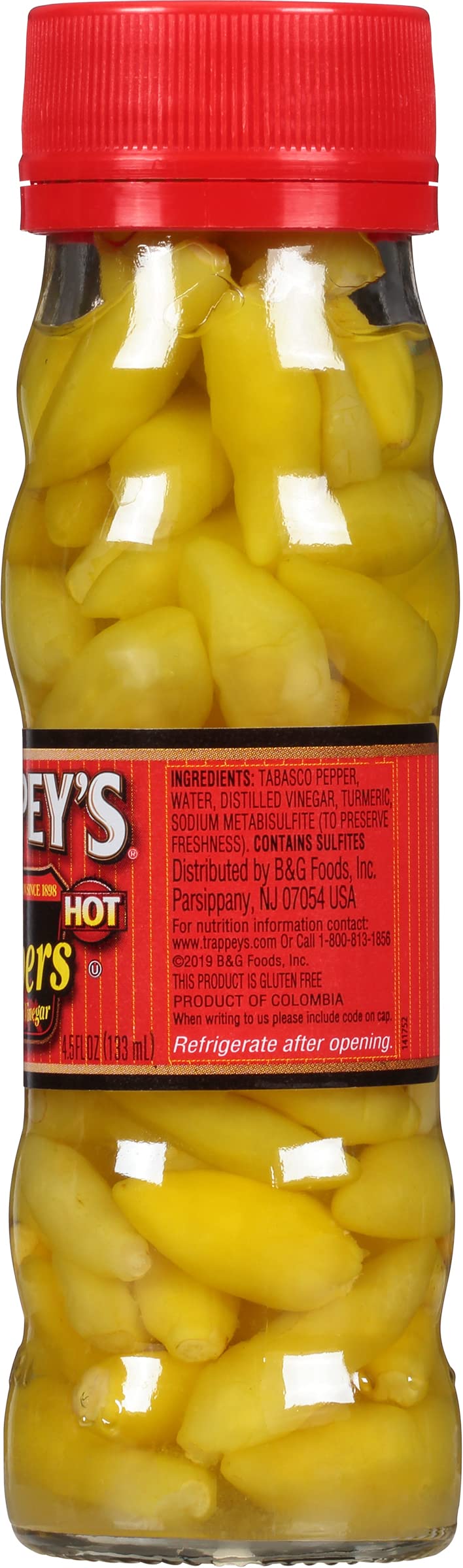 Trappey's Hot Peppers close-up in brine shows crisp pepper slices.