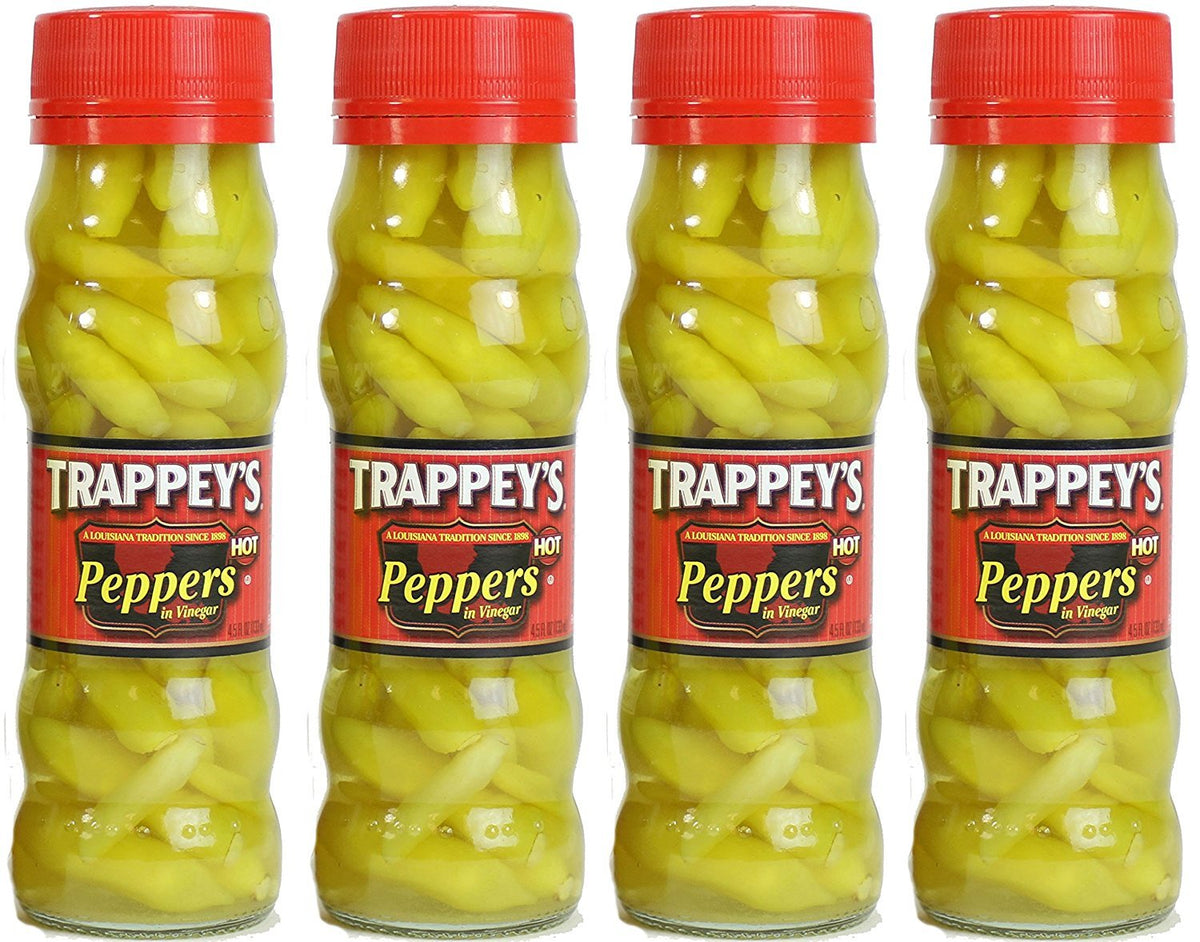Trappey's Hot Peppers in Vinegar close-up jar, vibrant peppers for quick flavor lift