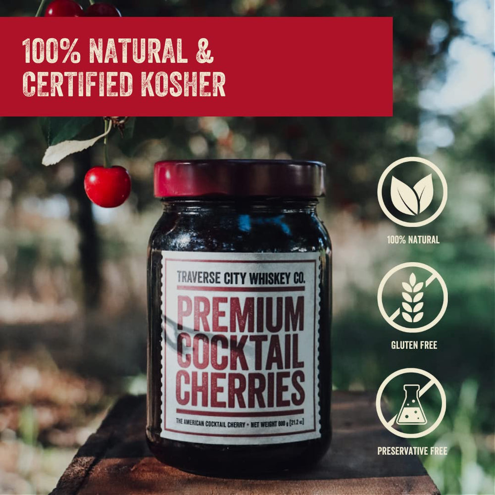 TRAVERSE CITY WHISKEY CO. cherries beside ice cream sundaes for a luxurious dessert.
