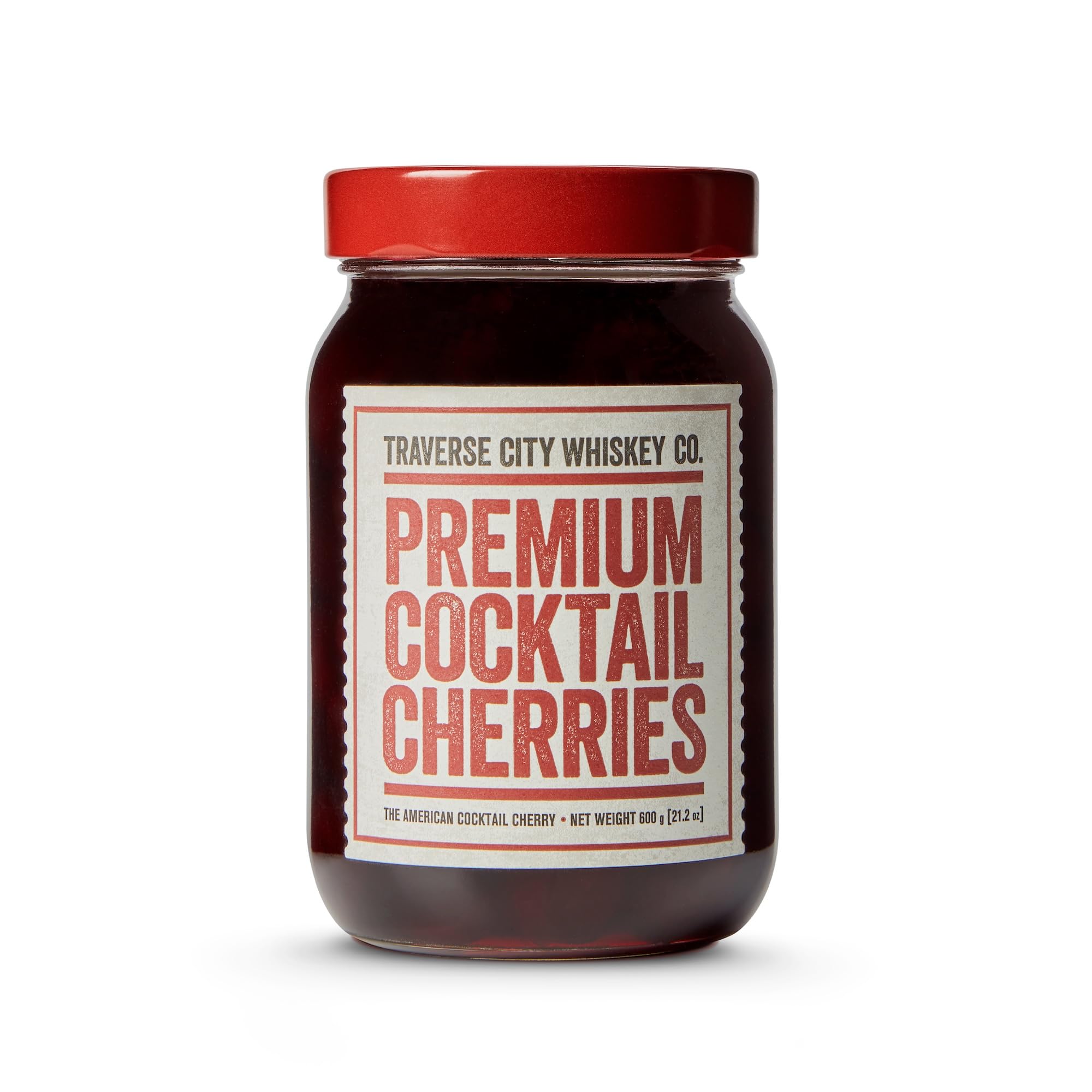 TRAVERSE CITY WHISKEY CO. premium cocktail cherries in a jar, ideal garnish for Old Fashioned cocktails.