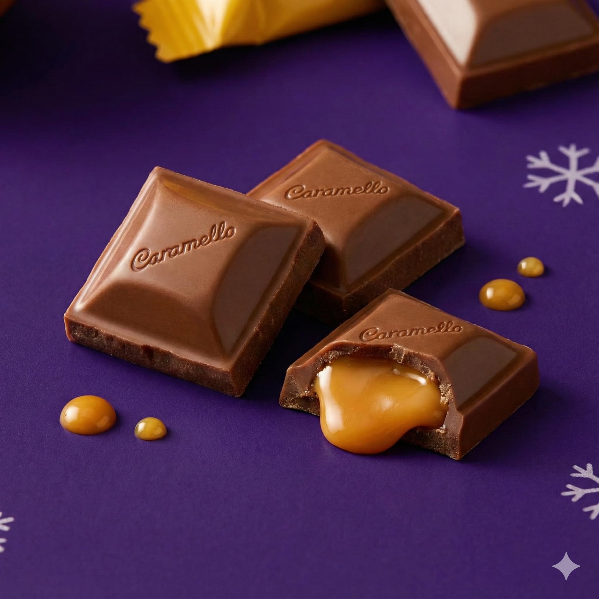 Cadburry Caramello Miniatures Tray bite break showing smooth milk chocolate