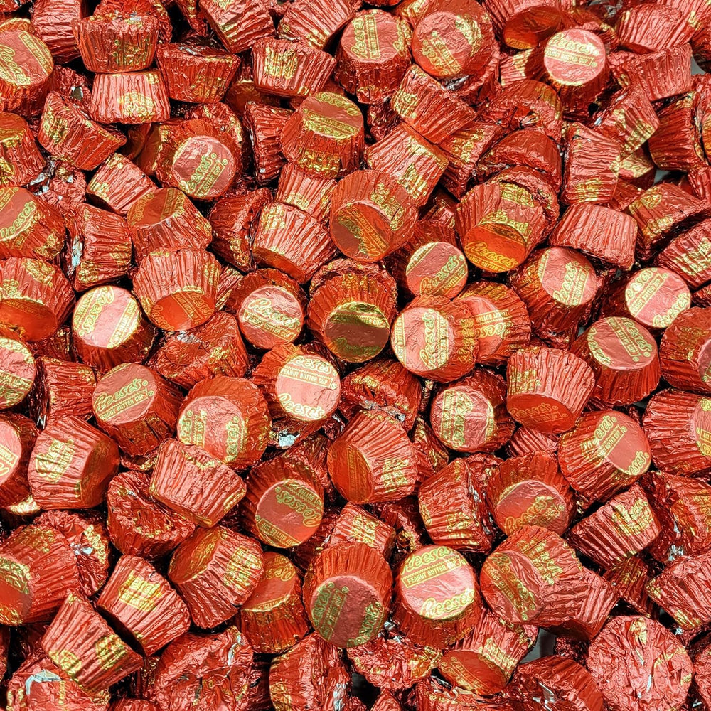 Close-up view of Reeses miniature cups showing creamy peanut butter centers.