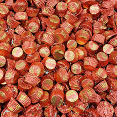 Close-up view of Reeses miniature cups showing creamy peanut butter centers.