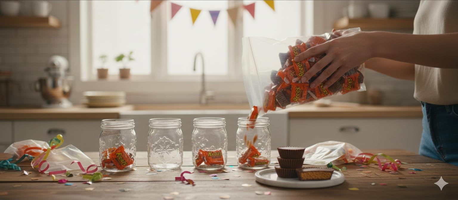 Candy bowls filled with Resse's cups at a gathering
