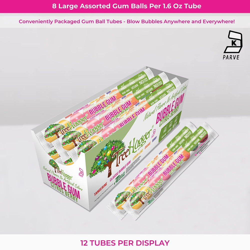 Close-up of Tree Hugger gumballs in a tube with vibrant natural colors.