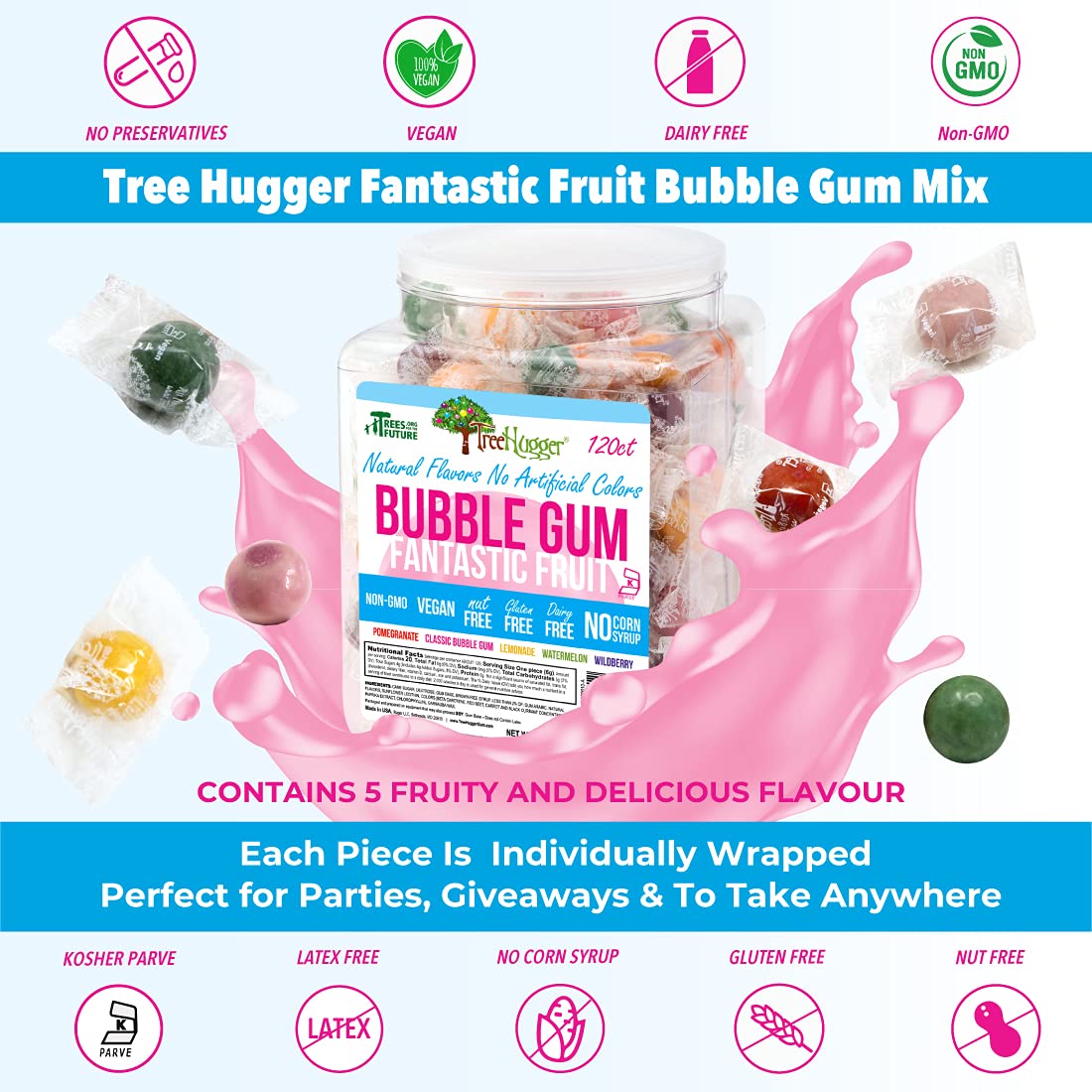 Tree Hugger Bubble Gum classic bubblegum flavor ideal for kids' on-the-go treats.