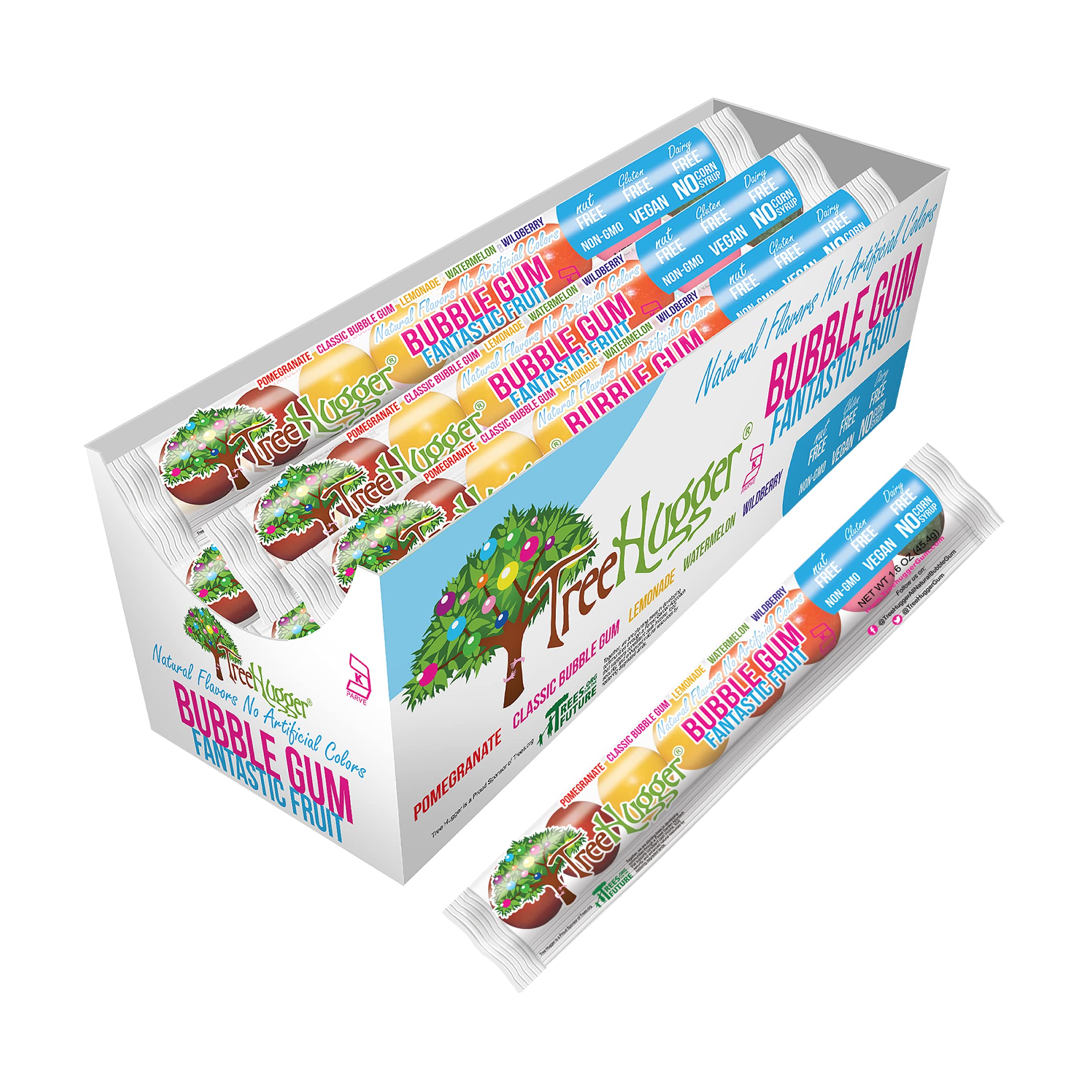 Tree Hugger bubble gum Fantastic Fruit packaging showcases convenient on-the-go snacking.