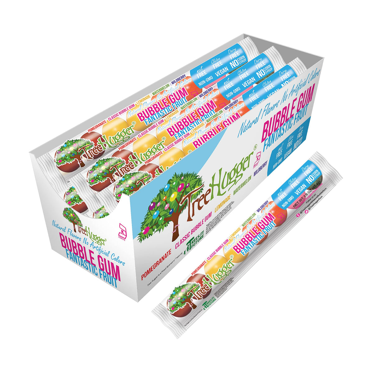 Tree Hugger bubble gum Fantastic Fruit packaging showcases convenient on-the-go snacking.