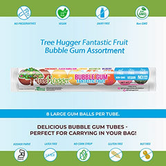 Tree Hugger bubble gum Fantastic Fruit tubes display flavors in a colorful assortment.