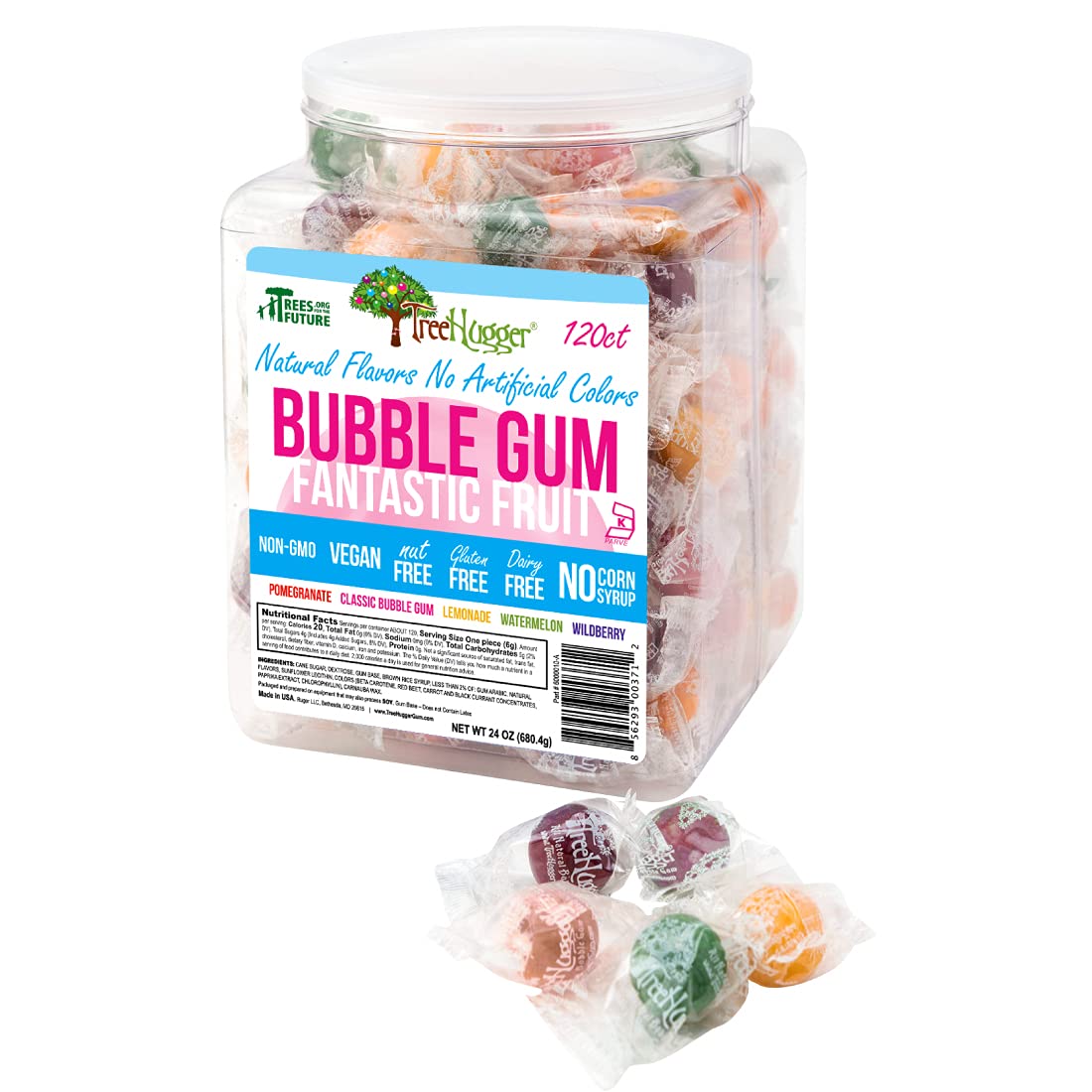 Tree Hugger Bubble Gum tub front view with 120 pieces, non-GMO and vegan.