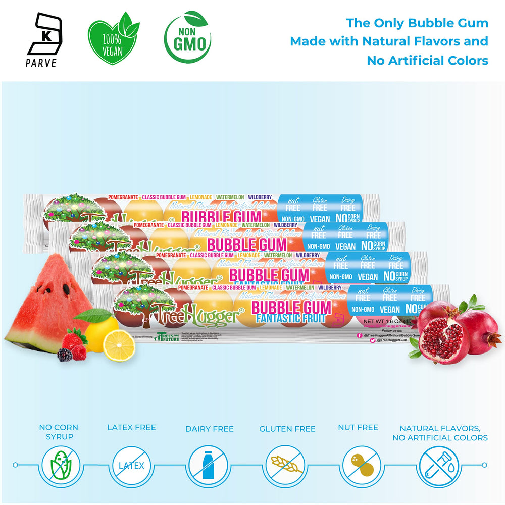 Tree Hugger bubble gum variety image highlights watermelon and pomegranate flavors.