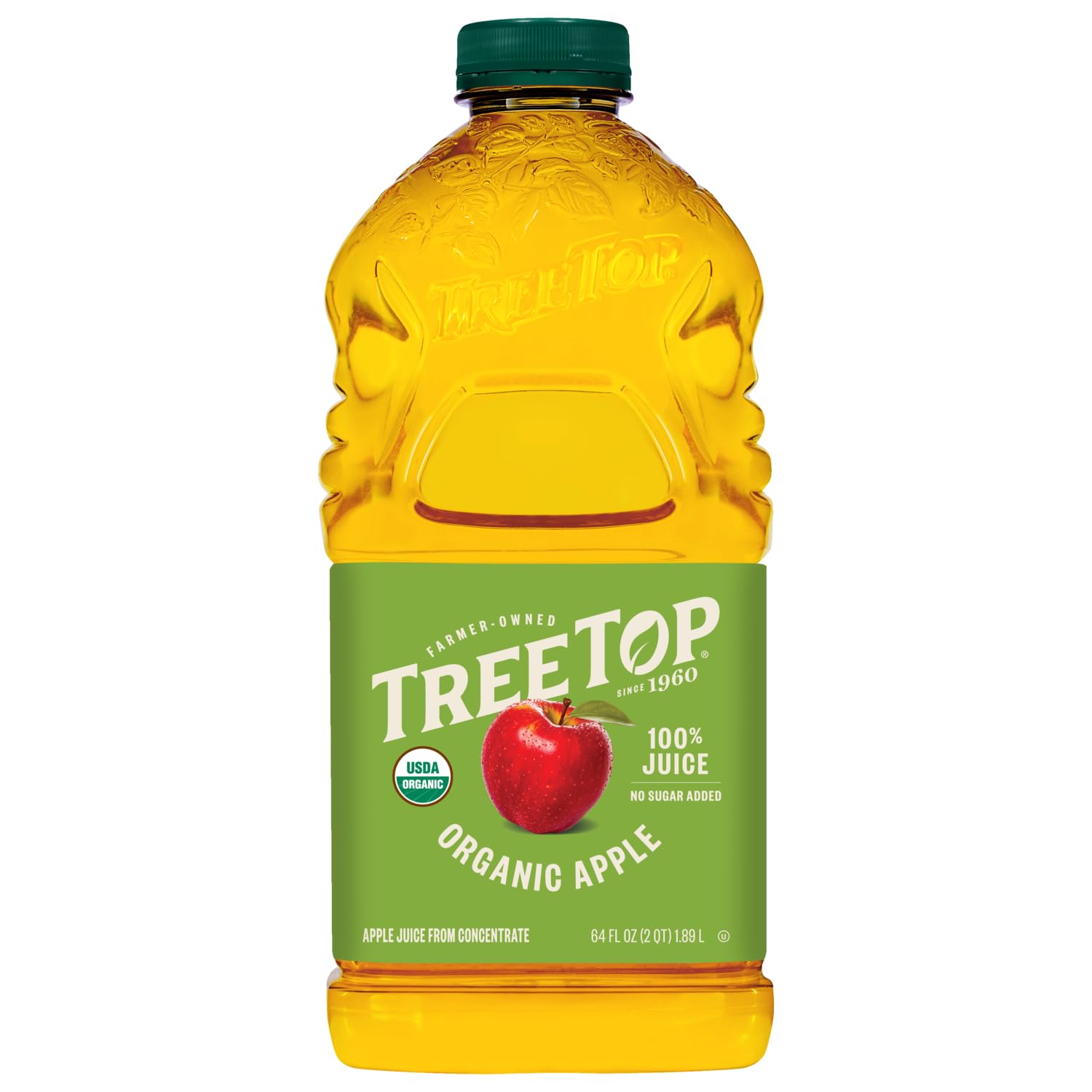 Tree Top Organic Apple Juice label close-up shows 100% juice quality