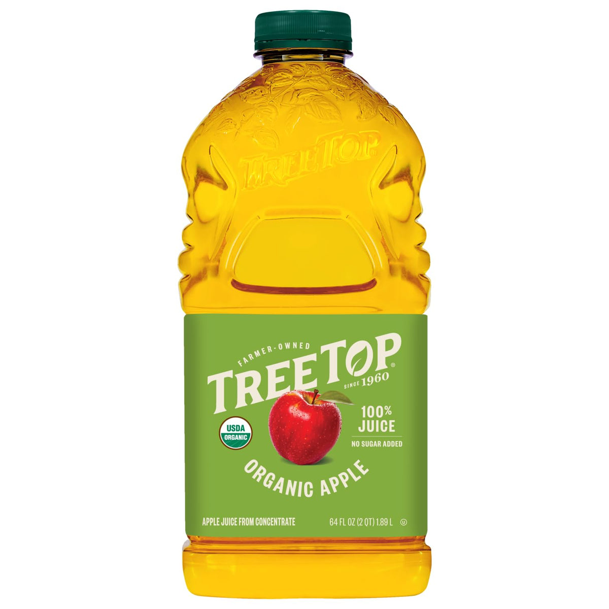 Tree Top Organic Apple Juice label close-up shows 100% juice quality
