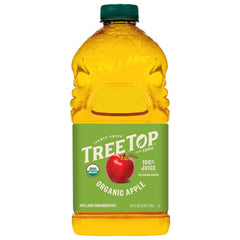 Tree Top Organic Apple Juice label close-up shows 100% juice quality