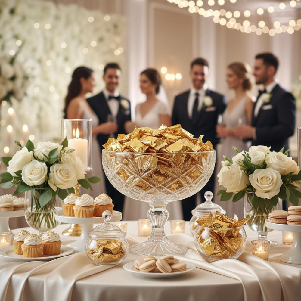 Tree Treasures wedding favors: gold-wrapped buttermints for guest gifts and elegant candy buffets