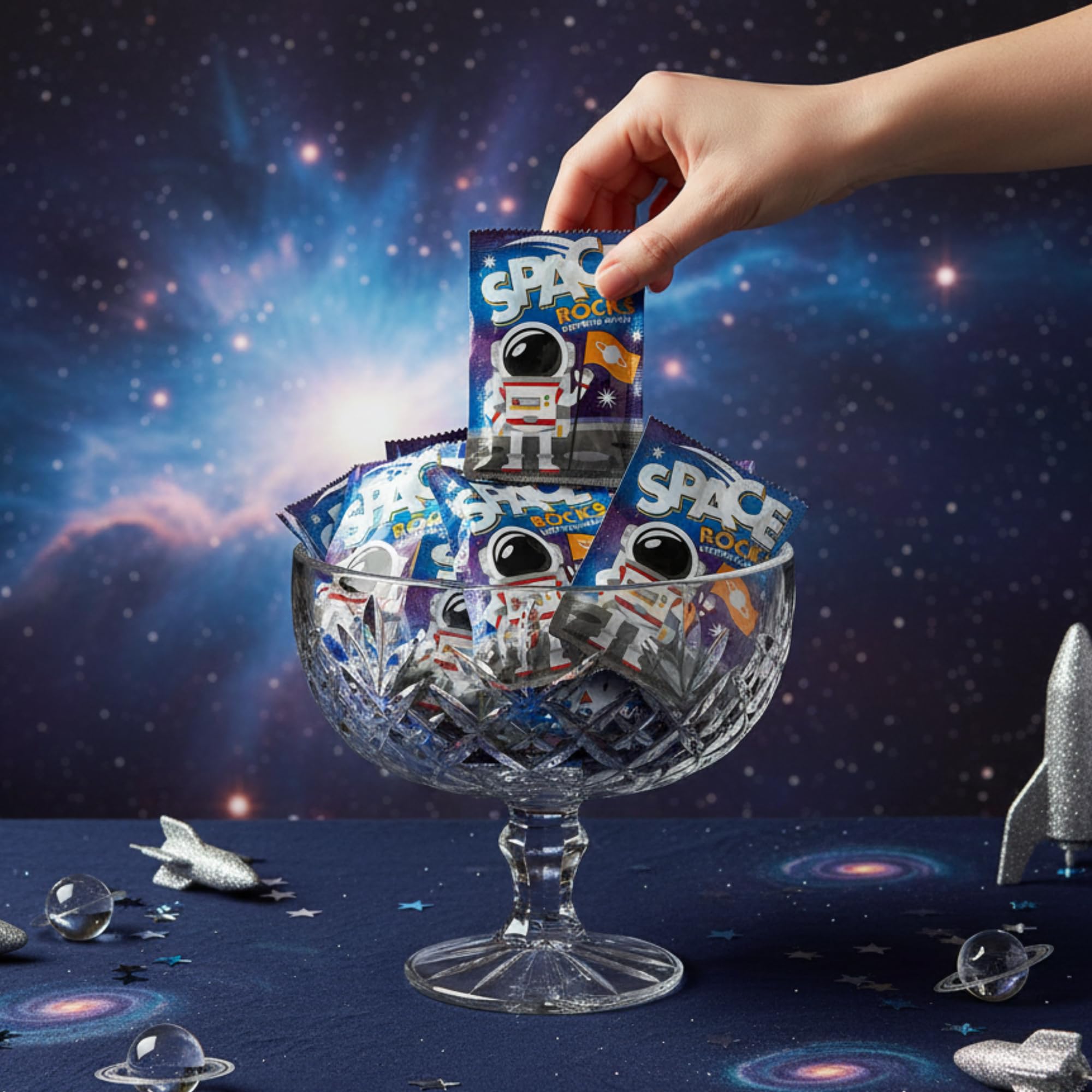 Tree Treasures Space Rocks popping candy on a party table for kids.