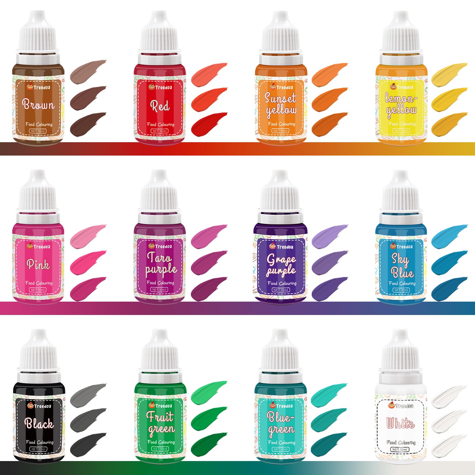 Treedoa bright colors applied to cake decorating for vibrant frosting and fondant accents.