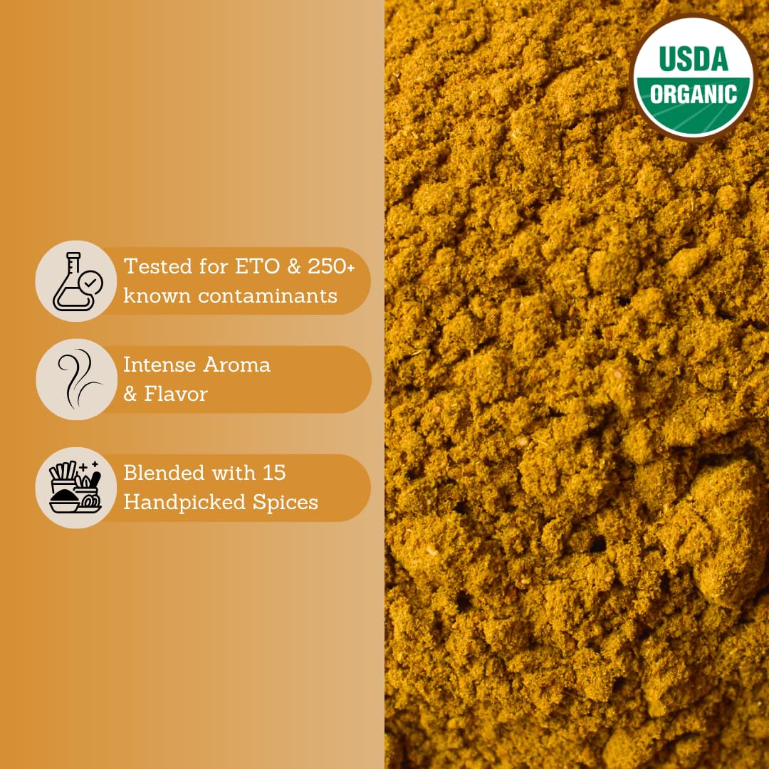 Tribal Trail Organic Curry Powder packaging shows recyclable Kraft bag for eco-friendly cooking.