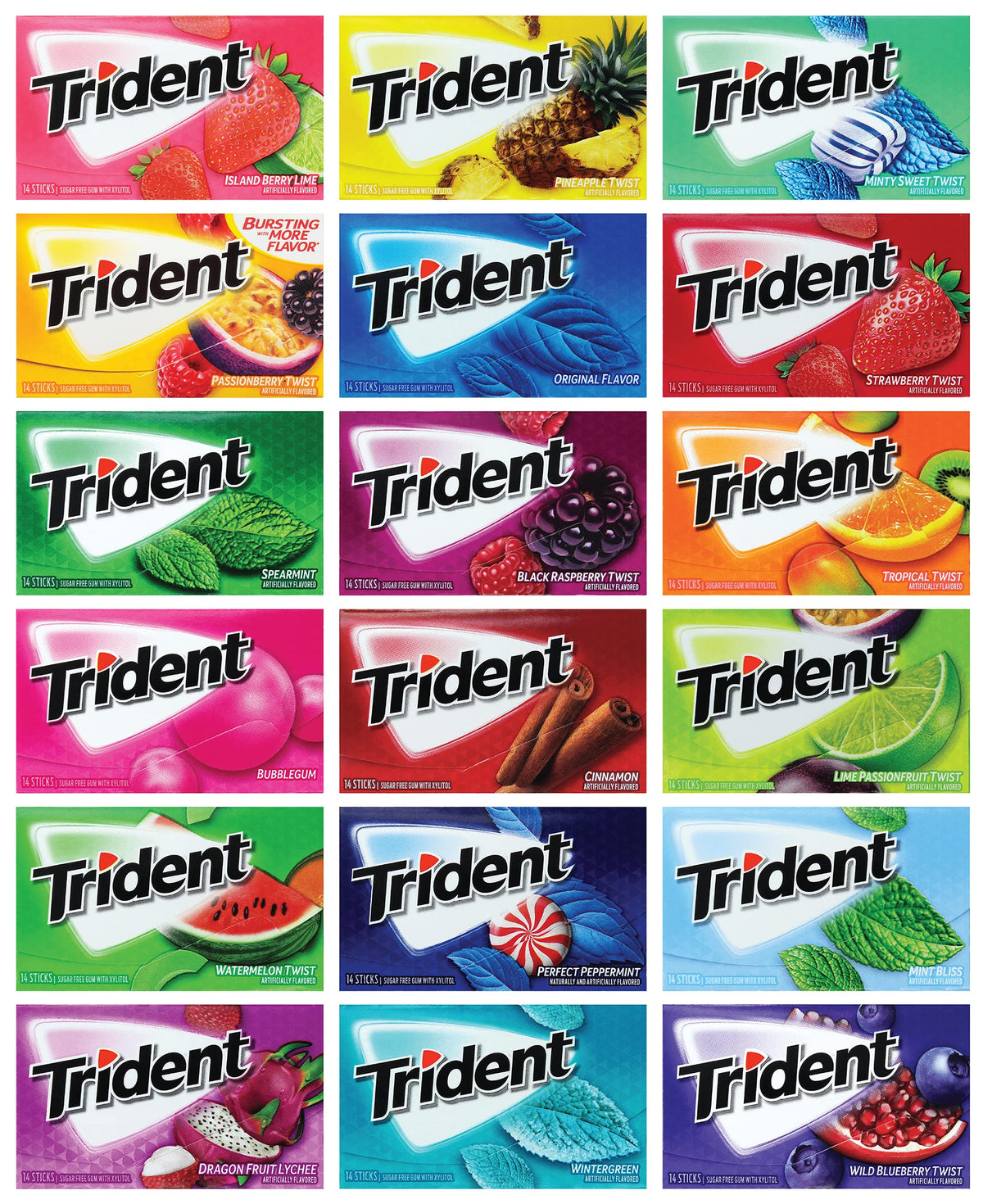 Trident Chewing Gum Sampler Pack with 10 flavors for on-the-go fresh breath