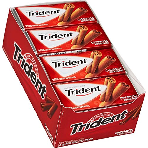 Trident Cinnamon Sugar-Free Gum 15-count pack shown for fresh breath and dental protection.