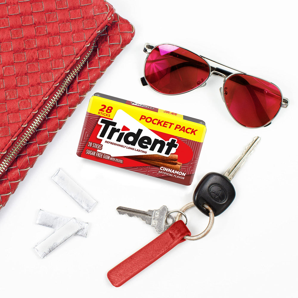 Trident Cinnamon Sugar Free Gum hard case open with chewable pieces visible for on-the-go use