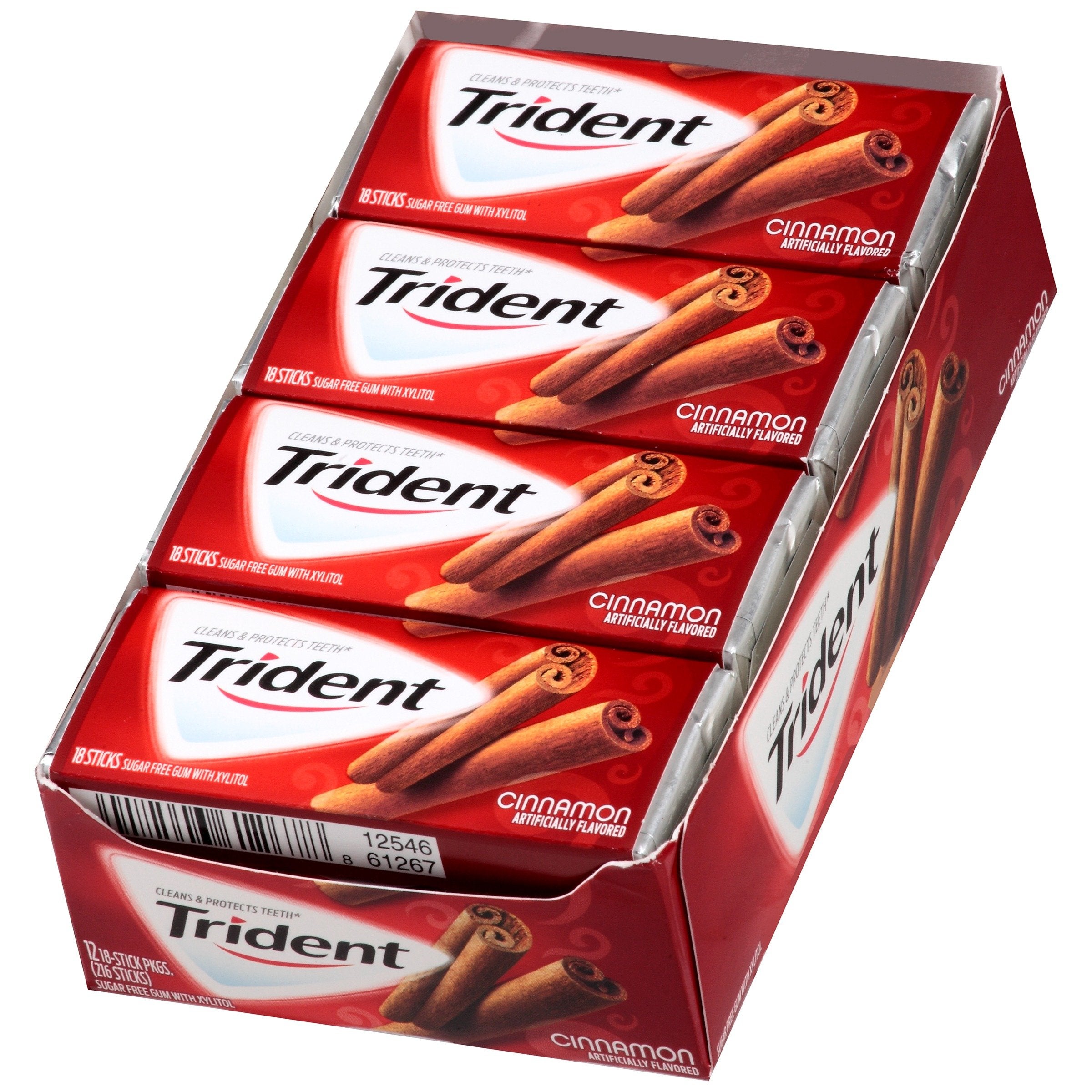 Trident Cinnamon Sugar-Free Gum packaging closeup highlighting convenient pack and after meal refreshment.
