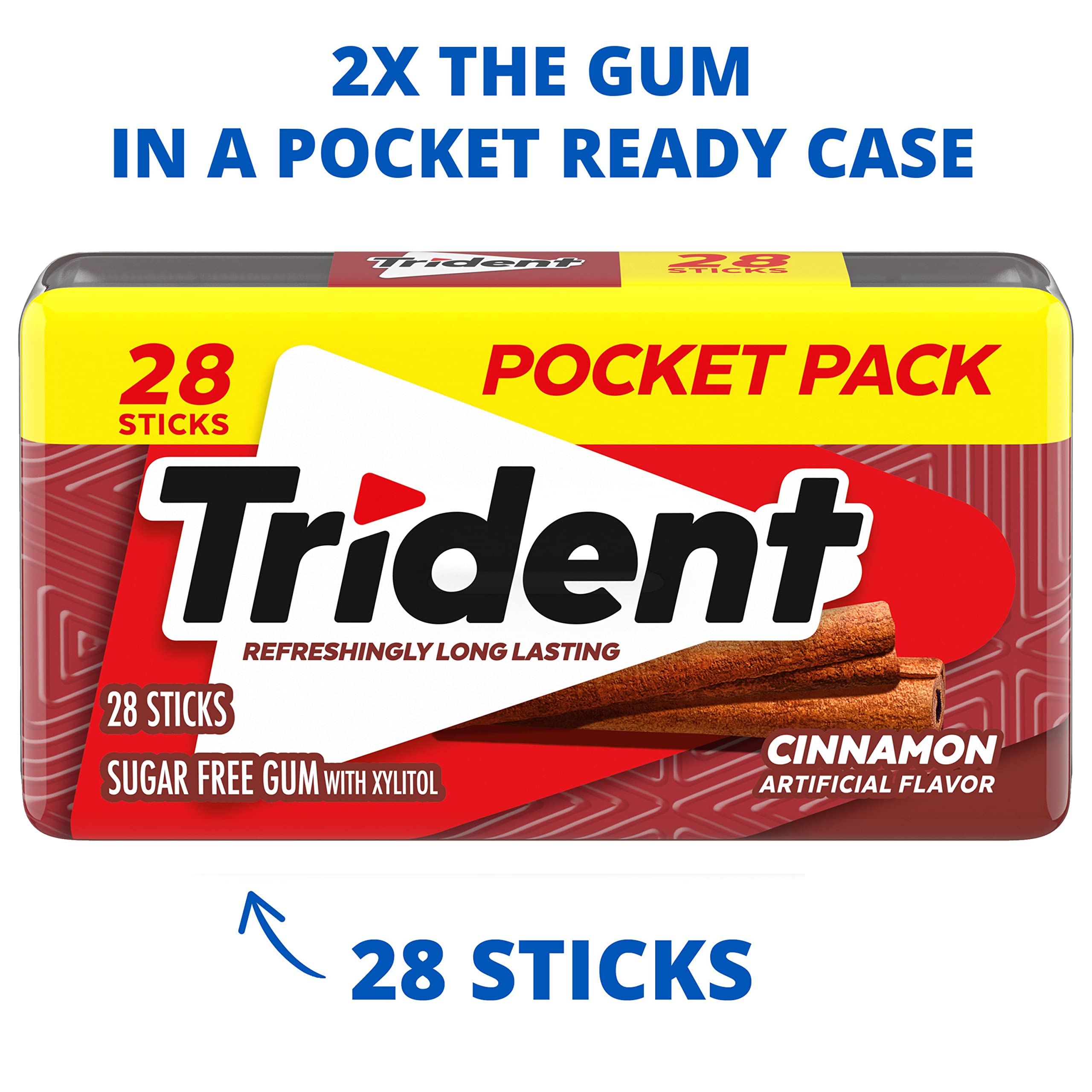 Trident Cinnamon Sugar Free Gum pocket pack back view showing compact hard case for travel