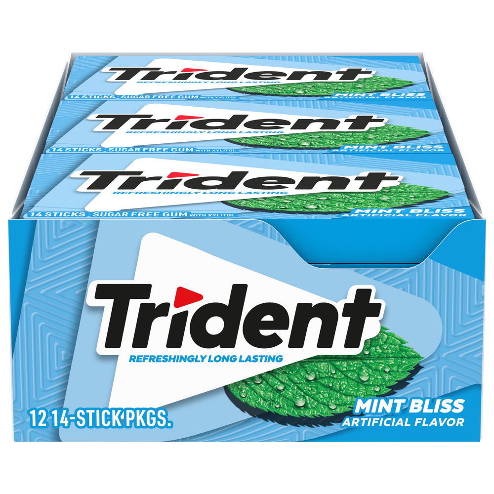 Trident Mint Bliss gum packaging shows 12-pack bulk convenience for on-the-go freshness