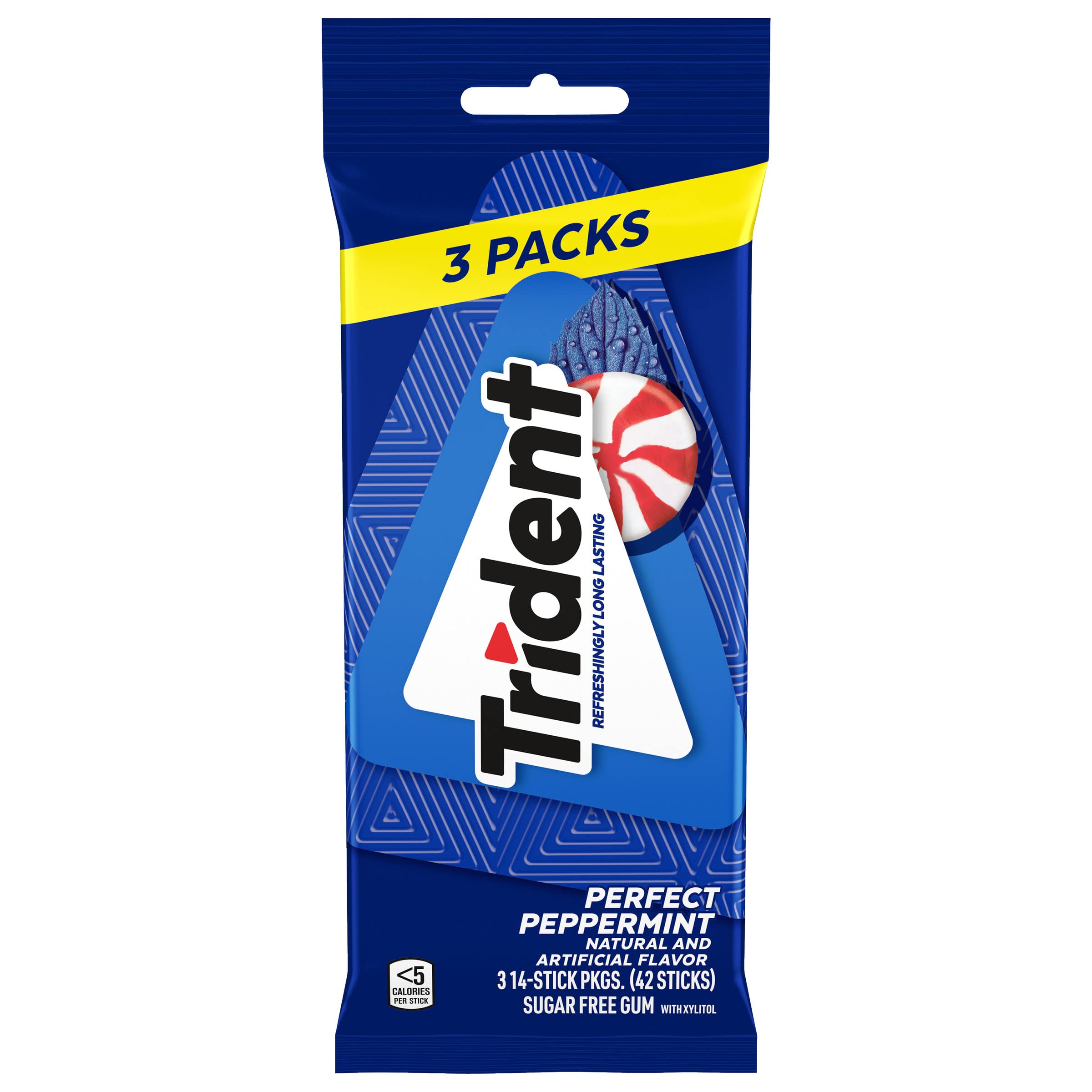 Trident Perfect Peppermint gum 3-pack front view for quick fresh breath.