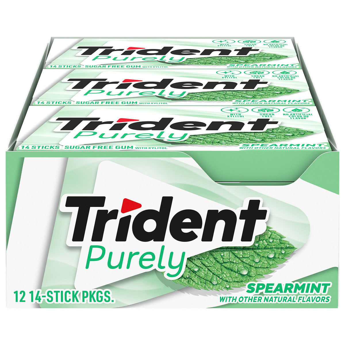 Trident Purely Spearmint gum packaging 12-pack for bulk stocking.
