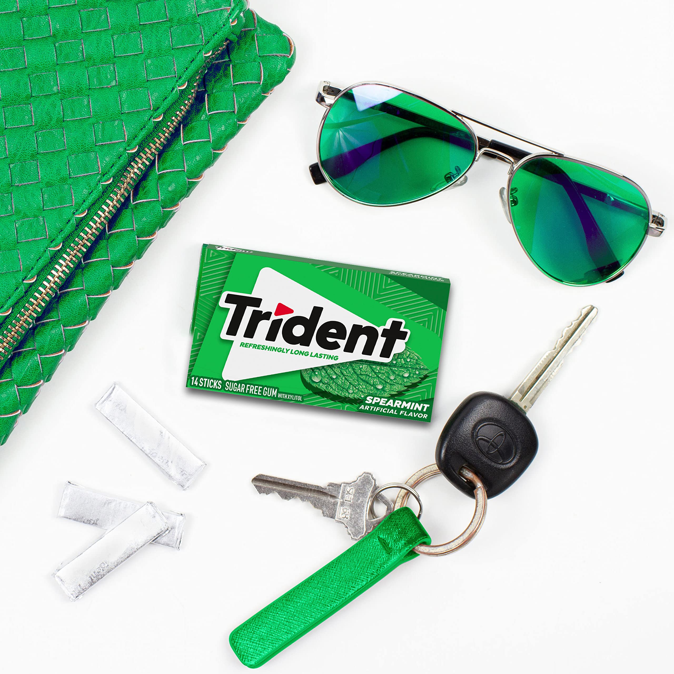 Bulk display of Trident Spearmint on a store shelf for easy replenishment.