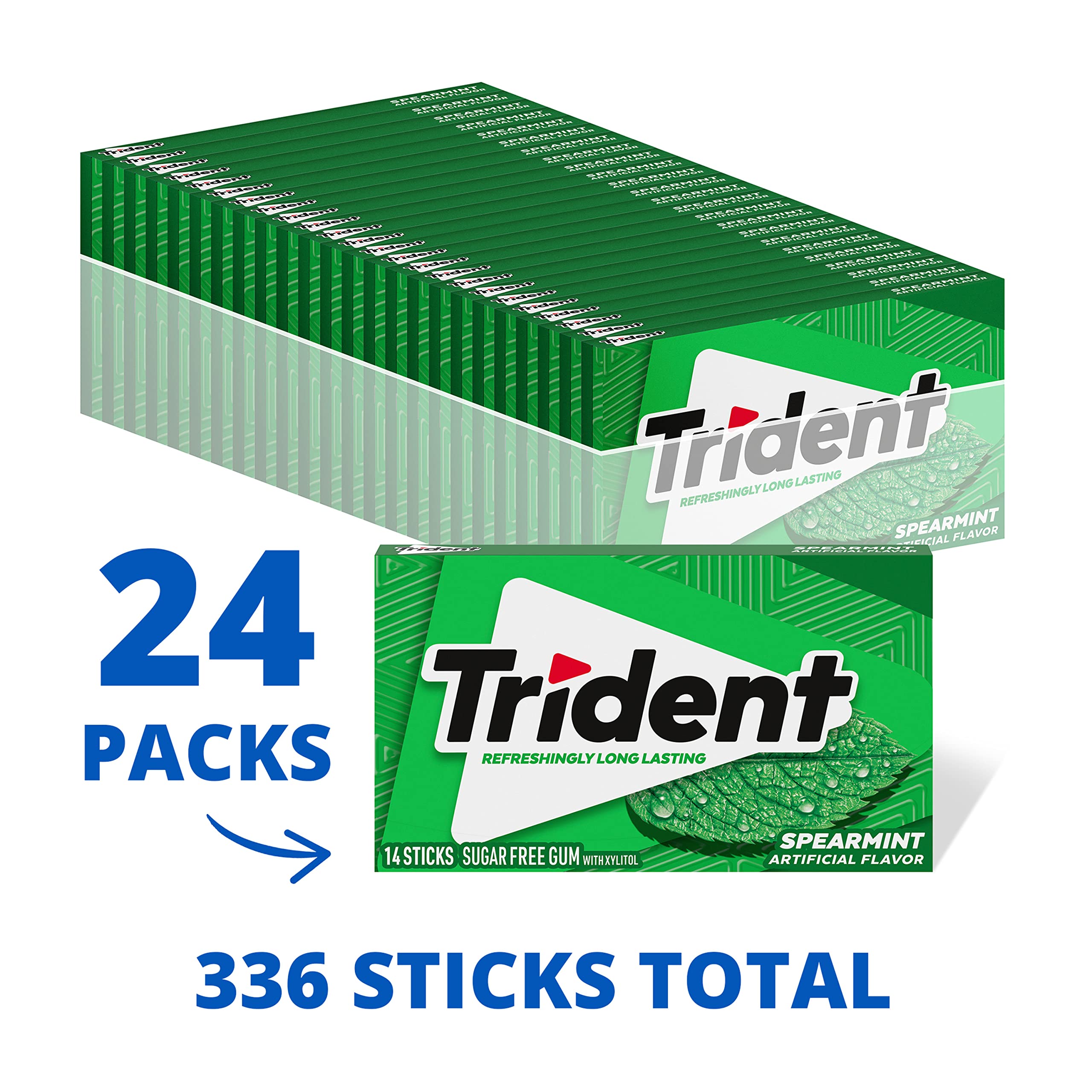Close-up of Trident Spearmint gum sticks in individual wrappers for lasting freshness.