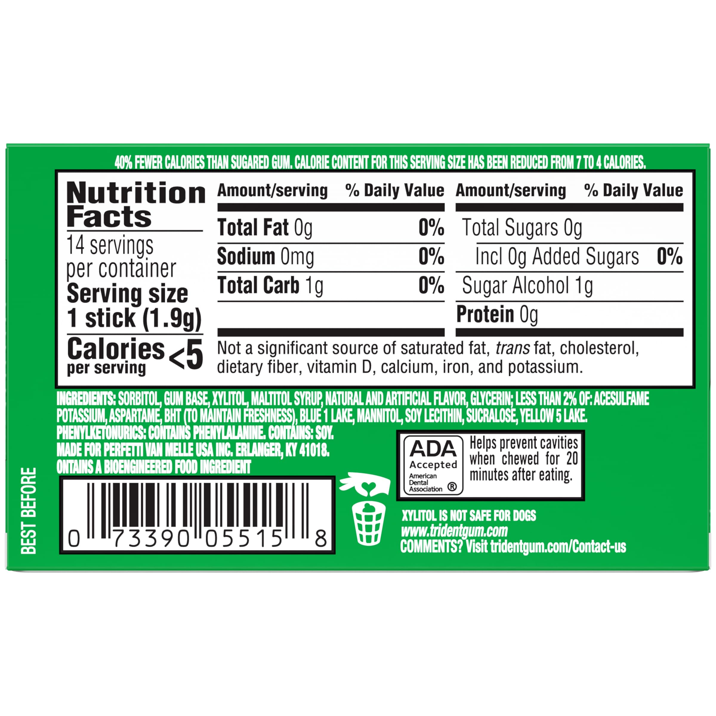 Trident Spearmint sugar-free gum 14 pieces per pack keeps breath fresh
