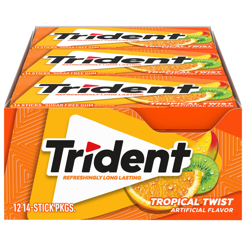 Trident Tropical Twist gum pack with 14 pieces per pack for on-the-go freshness